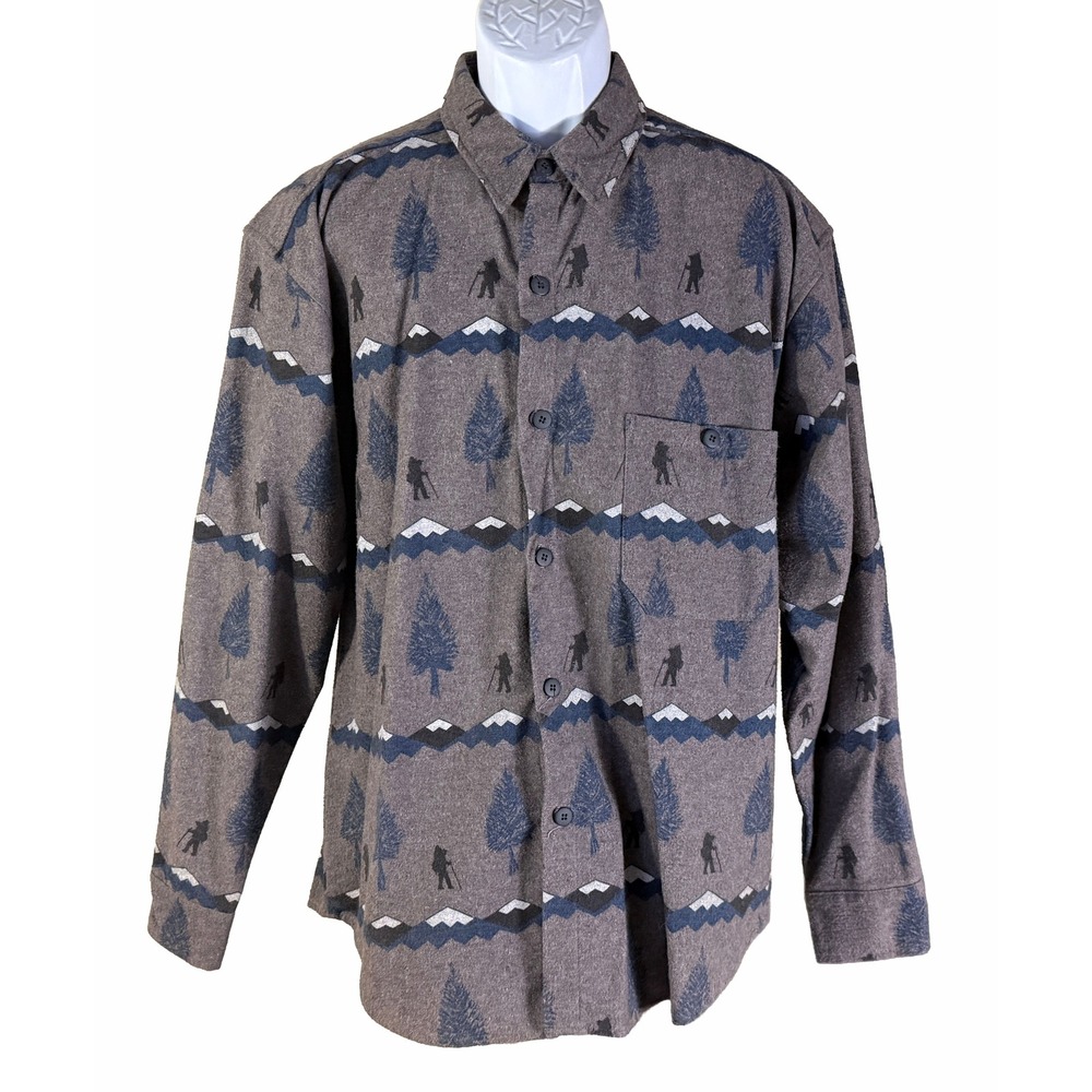 True Grit Button Down Shirt Mens Medium Brown Hiking Mountain Print